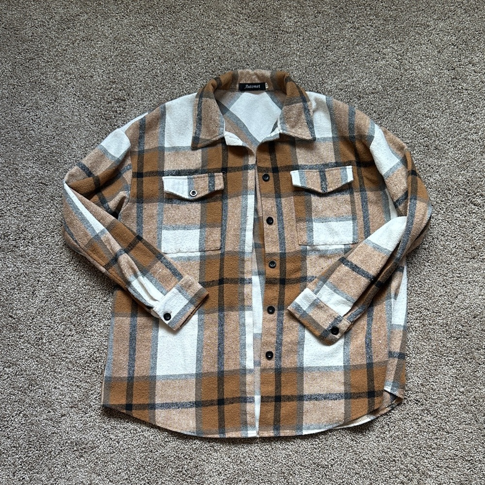 Relaxed Plaid Button-Down Shirt — Brown & White